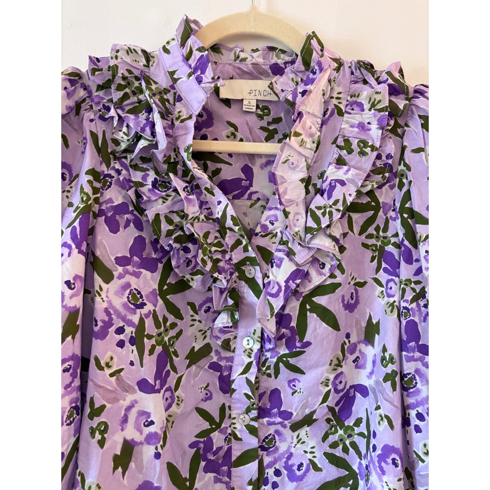 PINCH Purple Floral Ruffle V-Neck Puff Sleeve Cotton Blouse Top Small - Picture 3 of 6